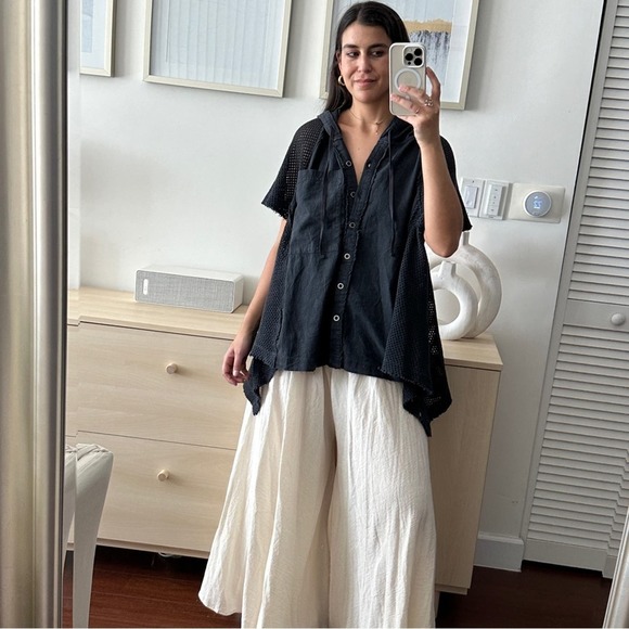 NEW Free People Tunic Womens Medium 100% Cotton Lagenlook Hooded Mesh Top Blouse - Picture 6 of 11